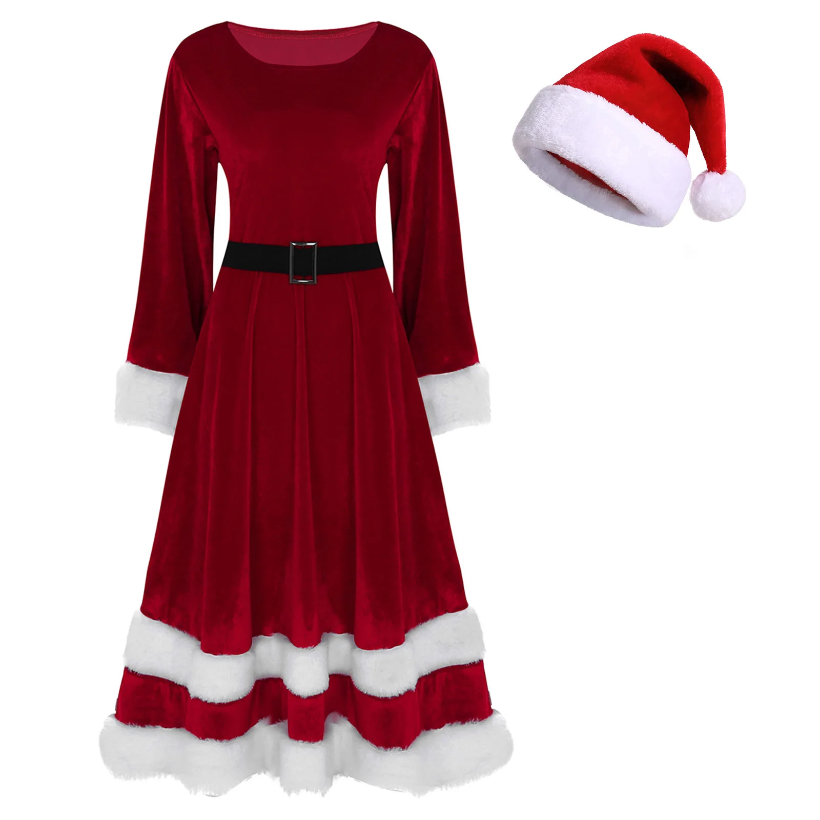 

Womens Two-Piece Velvet Christmas Outfit Scoop Neck Long Sleeve Faux Fur Trim Belted Dress with 1Pc Santa Claus Fluffy Hat