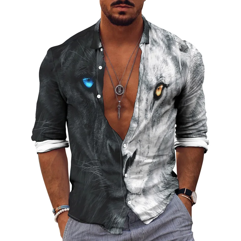 Spring Autumn Men's New 3D Animal Irregular Print Fashion Long Sleeve Single Breasted Shirt Party Casual Top S-4XL Oversized
