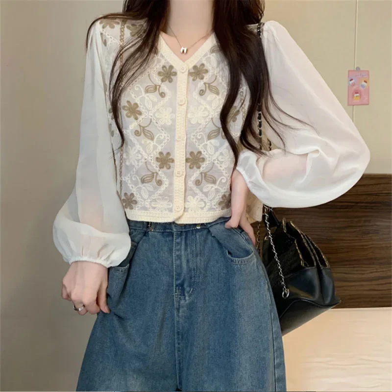 Кружевная рубашка с длинным рукавом и вышивкой 2024 новый дизайн укороченный