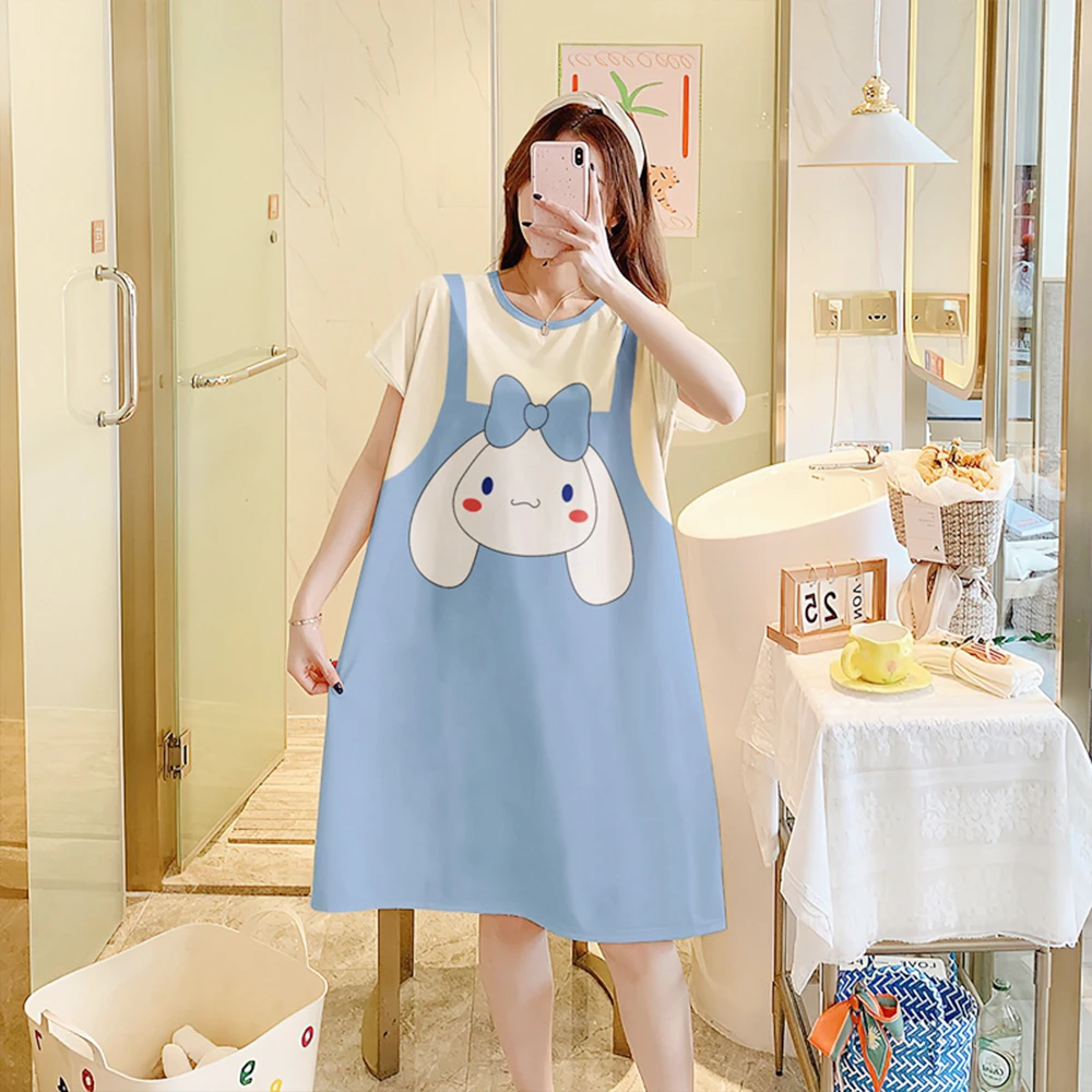 

Ночная рубашка Hello Kitty аниме Kawaii Kuromi Cinnamoroll с коротким рукавом юбка для женщин большого размера летняя Пижама Свободная Домашняя одежда