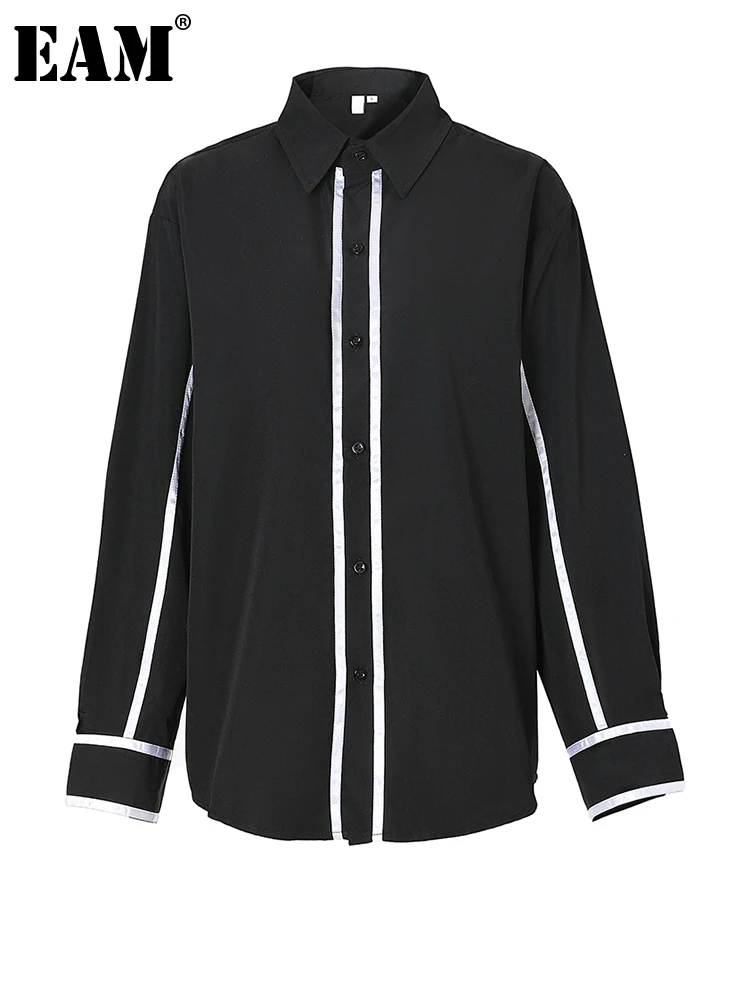 

[EAM] Women Black Color-block Big Size Blouse New Lapel Long Sleeve Loose Fit Shirt Fashion Tide Spring Autumn 2023 1DF3062
