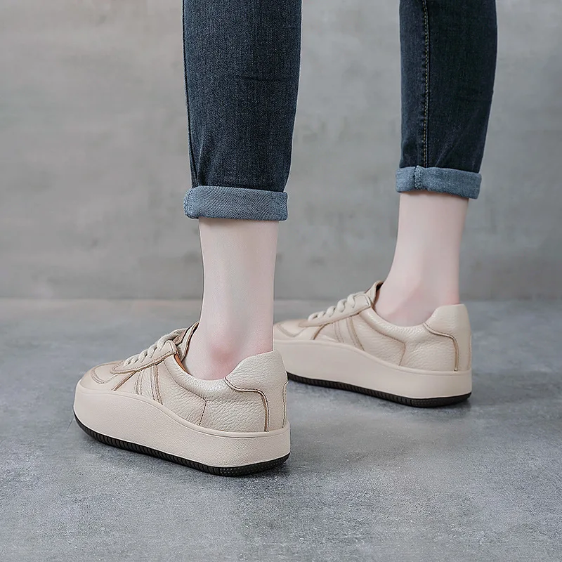 Autuspin Retro Cow Leather Sports Shoes Women Spring/Autumn Chunky Low Heels Round Toe Working Office Ladies Leisure Shoes 35-40