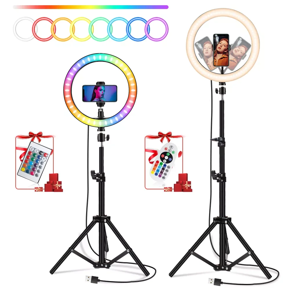 

10 inch Ring Light RGB02 26cm 33cm 20cm LED Rainbow Light With Tripod Stand 1.6M Dimmable RGB Set For Short Video YouTube Live