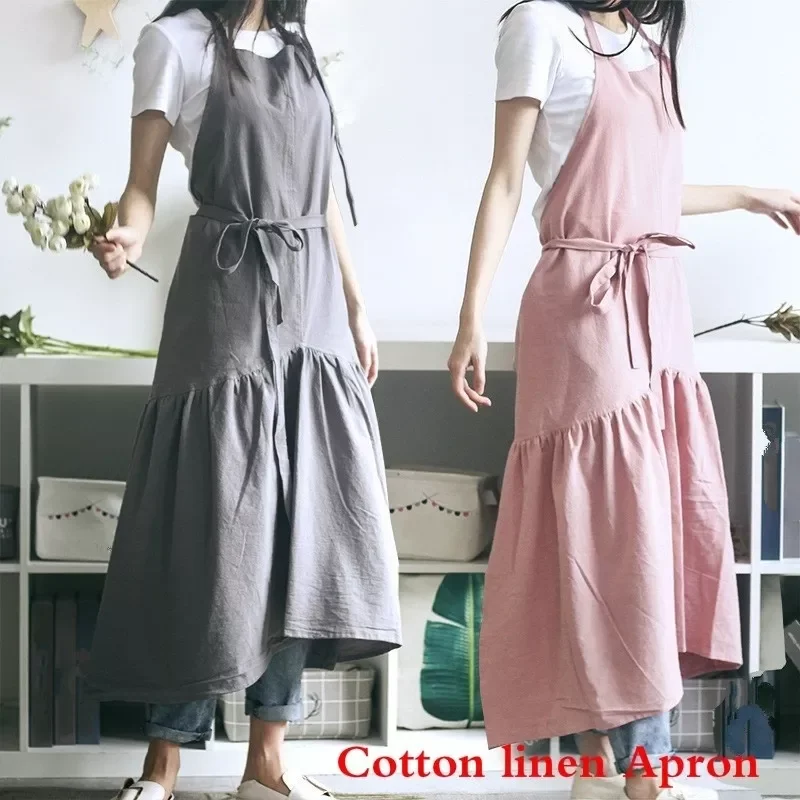 

NEW2022 Apron for Women Cotton linen Men long BBQ Bib Kitchen Apron Barber Coffee cooking Restaurant Waitress Apron