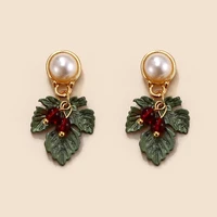 fashion elegant green leaf flower gem earrings retro temperament inlaid pearl earrings jewelry