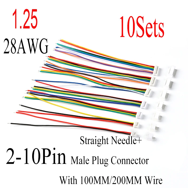 10Set 1.25 Pitch 1.25MM 2/3/4/5/6/7/8/9/10Pin Straight Needle Male Plug Connector With 100MM/200MM Wire 28AWG