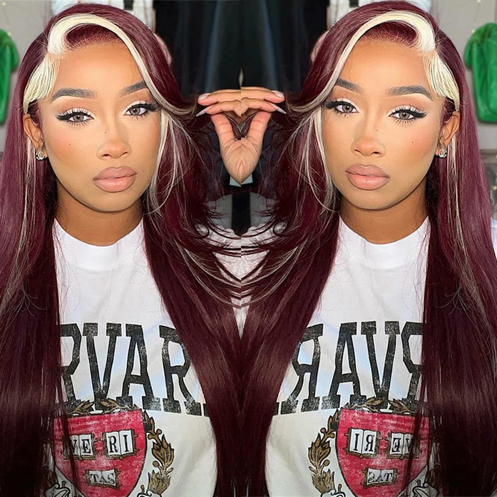 burgundy lace front wig human hair hd transparent lace 360 frontal 613 highlight red 99j wigs for women natural straight colored