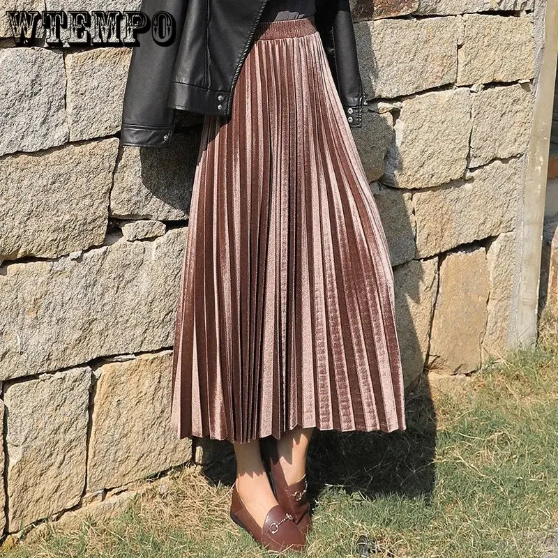 

WTEMPO Women's Autumn Winter Gold Velvet Skirts Elastic High Waist Large Hem Long Skirt Office Lady Casual A-line Pleated Skirts