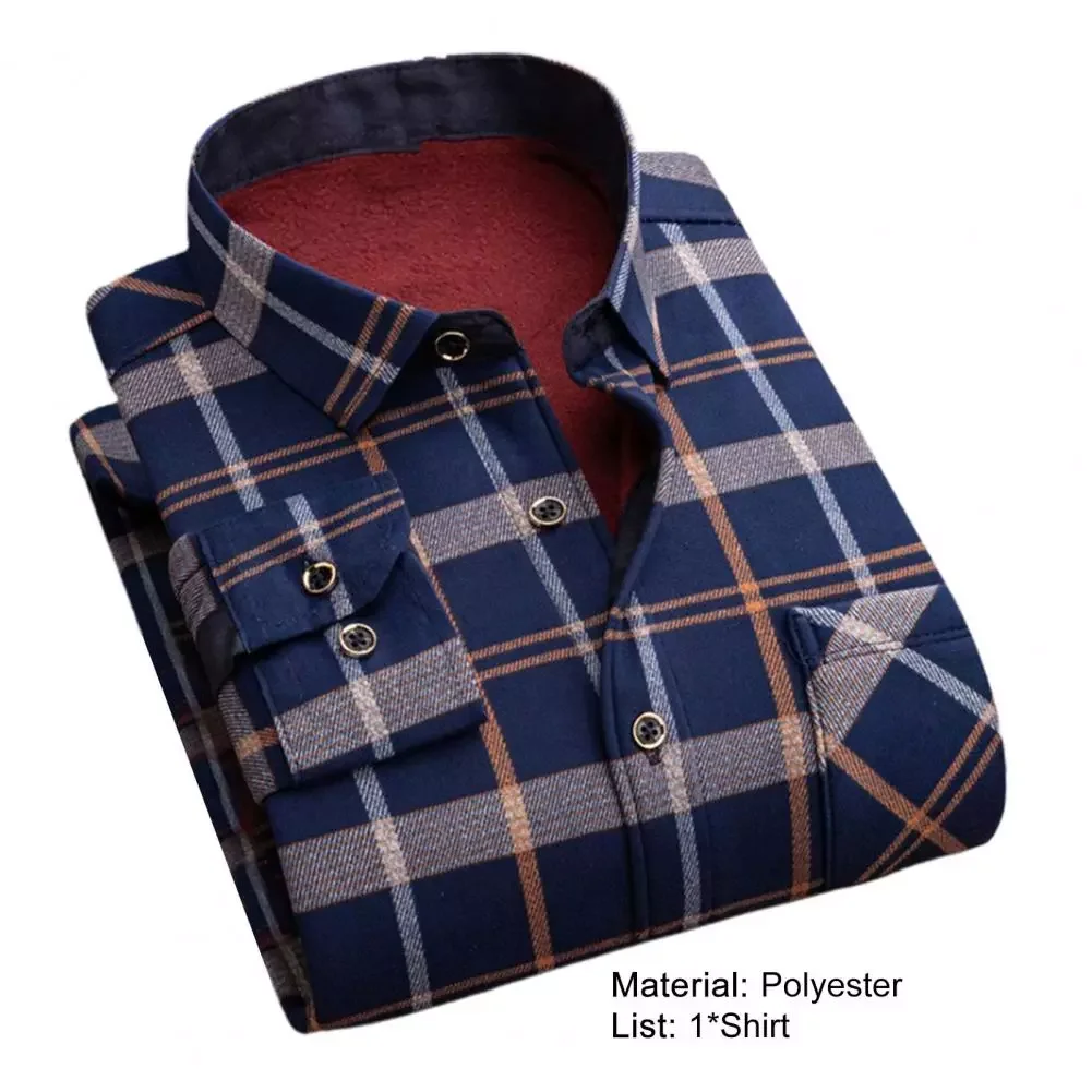 Single-breasted Plaid Thicken Warm Soft  Lapel Formal Cardigan Autumn Shirt for Daily Wear Sizes Autumn Fleece Shir For Men