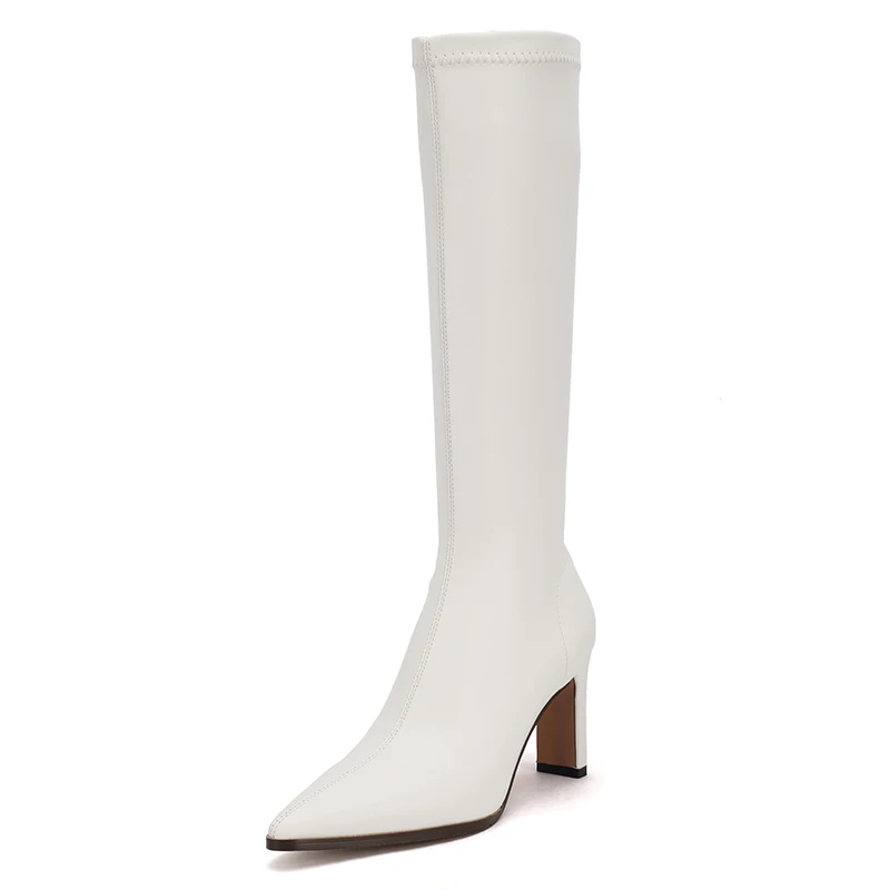 Женские сапоги до колена из ПУ кожи с острым носком