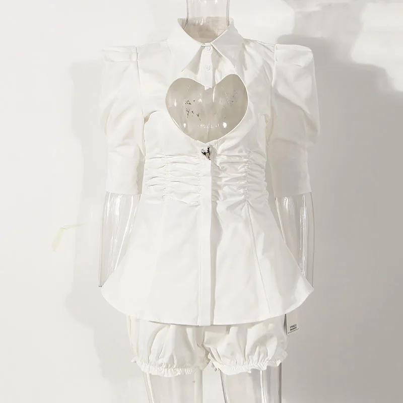 

SeeBeautiful Two Pieces Hollow Out Stitching Single Breasted Shirt Elastic Waist Shorts Set Summer 2022 New Fashion Q284