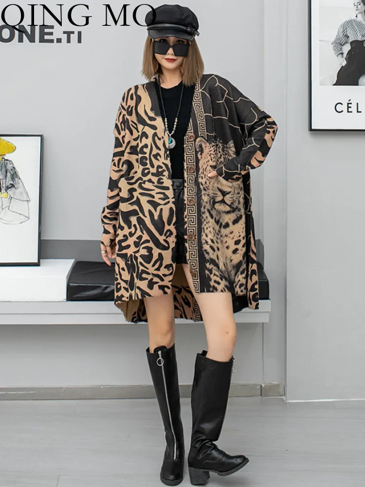 

QING MO Printed V-neck Cardigan Sweater Single Breasted A-type Medium Length Knitted Coat For Women 2023 Spring Autumn ZXF997