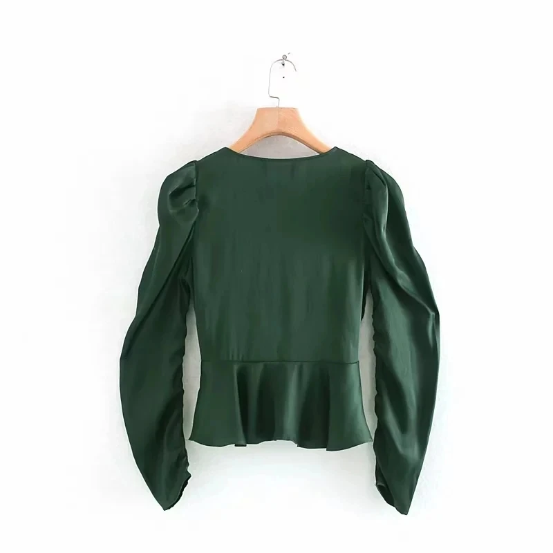 Женская атласная рубашка с V-образным вырезом и рукавами-фонариками S6676