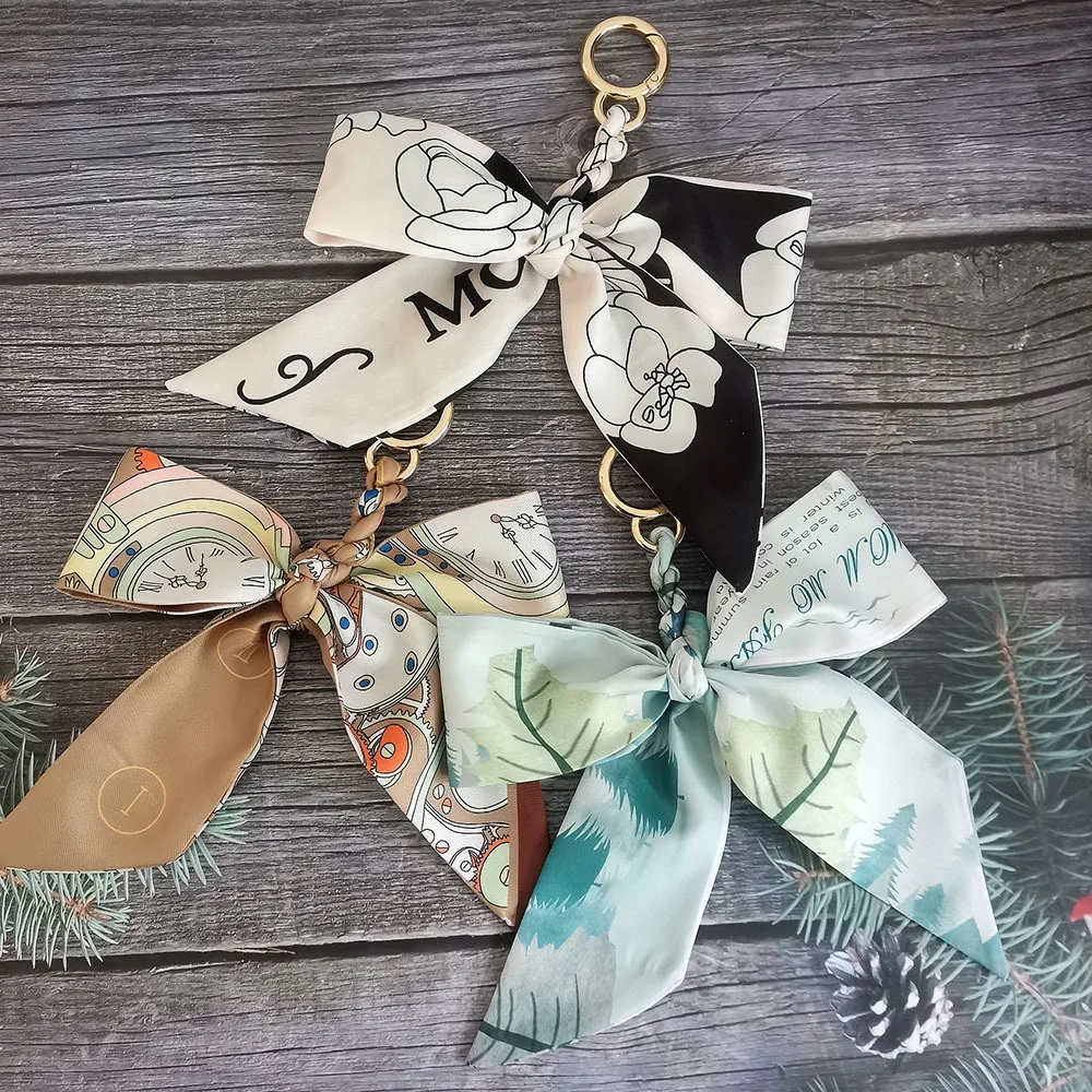 

Lovely Weave Soft Silk Scarf Keychain Bowknot Pendant Bag Charm Accessories New Key Chain Fashion Car Key Holder Creative Gifts