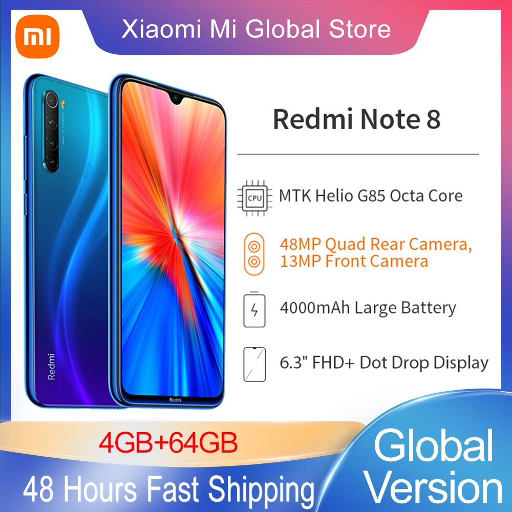 Global Version Xiaomi Redmi Note 8 2021 Cellphone 64GB Mobile Phone Helio G85 Octa Core 6.3 FHD+ DotDrop Display 48MP 4 Cameras