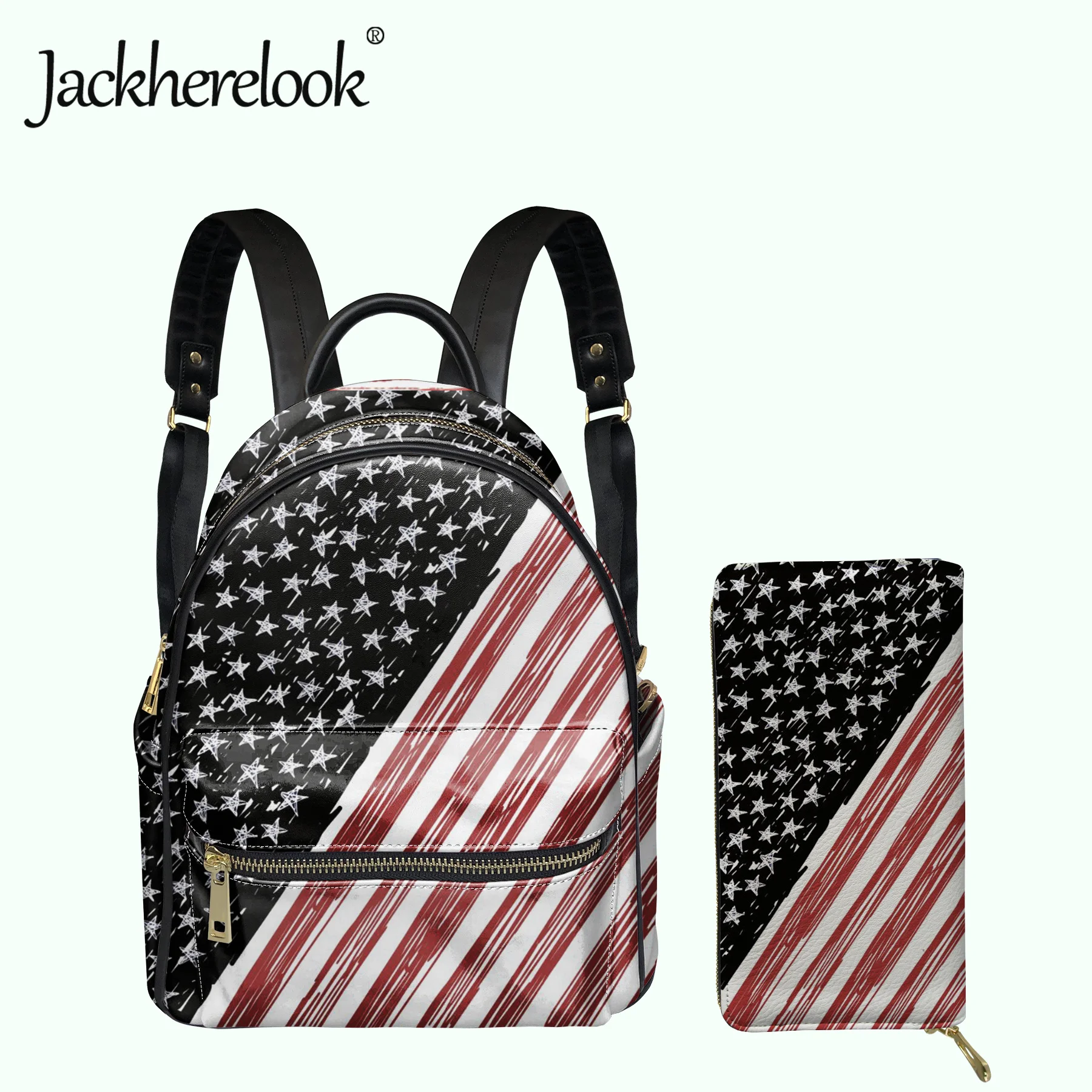 

Jackherelook, женский рюкзак с рисунком американского флага для женщин, роскошная школьная сумка из искусственной кожи и кошелек для монет, 2 шт./к...