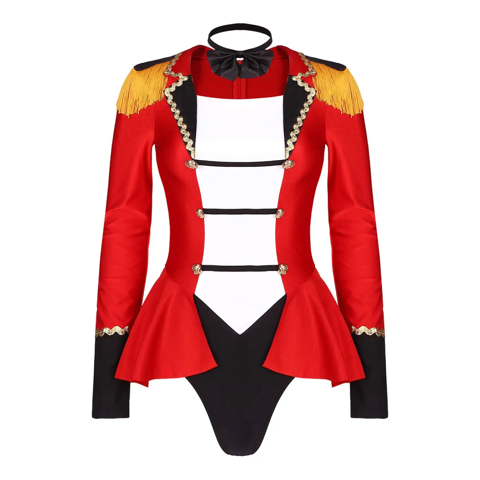 

Womens Adult Circus Ringmaster Costume Long Sleeve Jumpsuit Color Block Patchwork Skirted Bodysuit with Bow Tie Cosplay Outfit