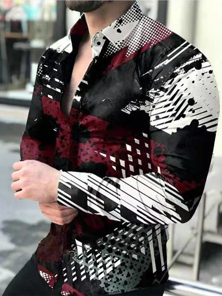 

Рубашка мужская с длинным рукавом, Повседневная блуза из полиэстера, с принтом, с отложным воротником, на пуговицах, одежда на осень