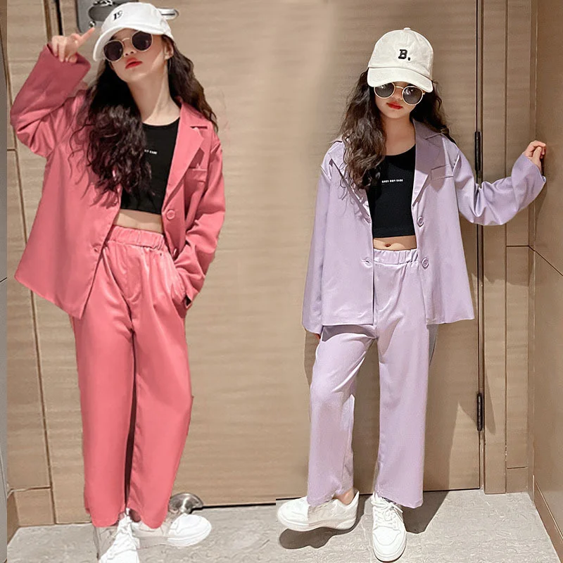 

Костюмы для девочек-подростков, Осенний розовый фиолетовый Блейзер, прямые брюки, комплект одежды из двух предметов, детская повседневная о...