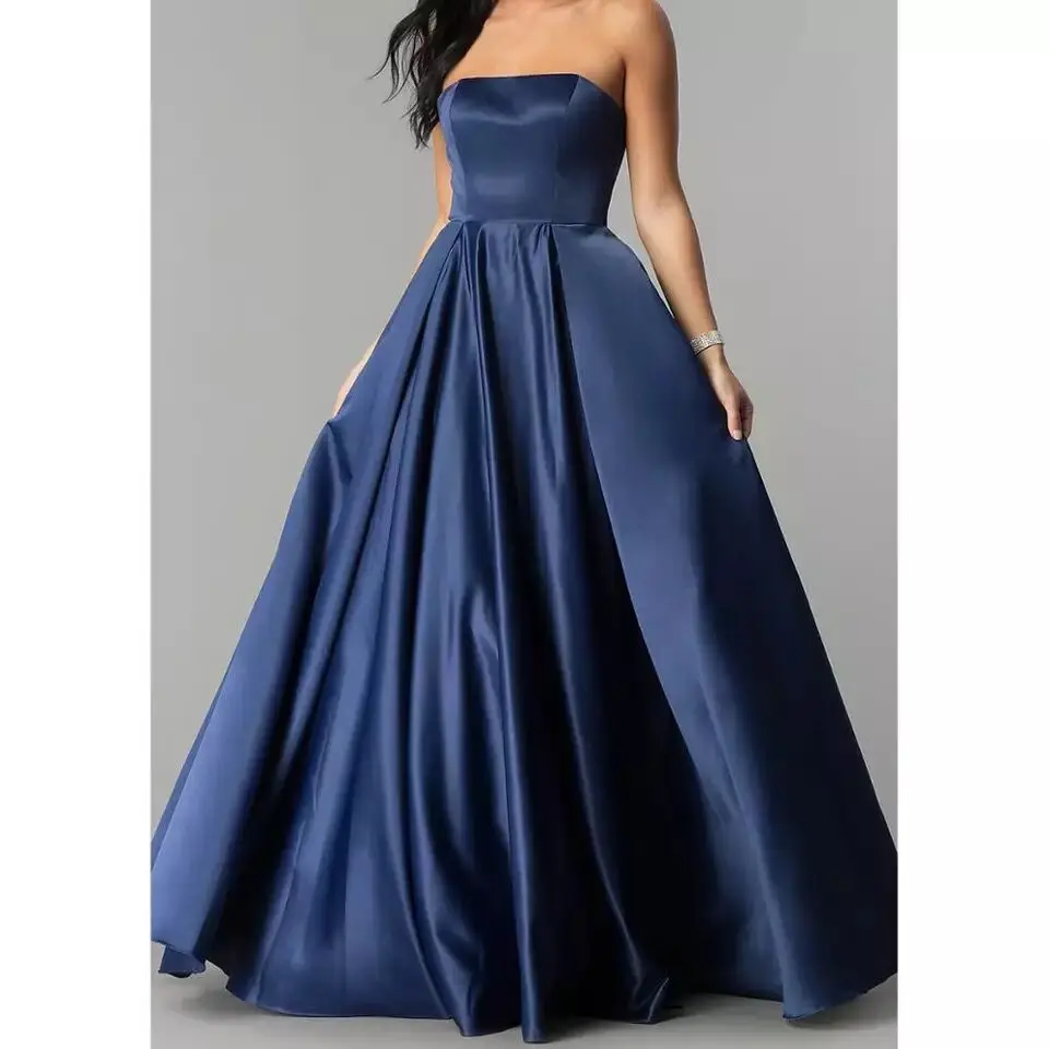 

New Navy Blue Evening Dresses A-Line Satin Sexy Party Long Prom Gown Evening Dress Robe De Soiree