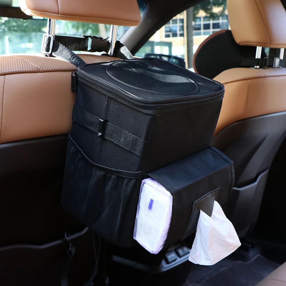 

Hanging Car Trash Can with Lid and Storage Pockets Leakproof Waterproof Car Garbage Can, Adjustable Tissue Holder Car Trash Can