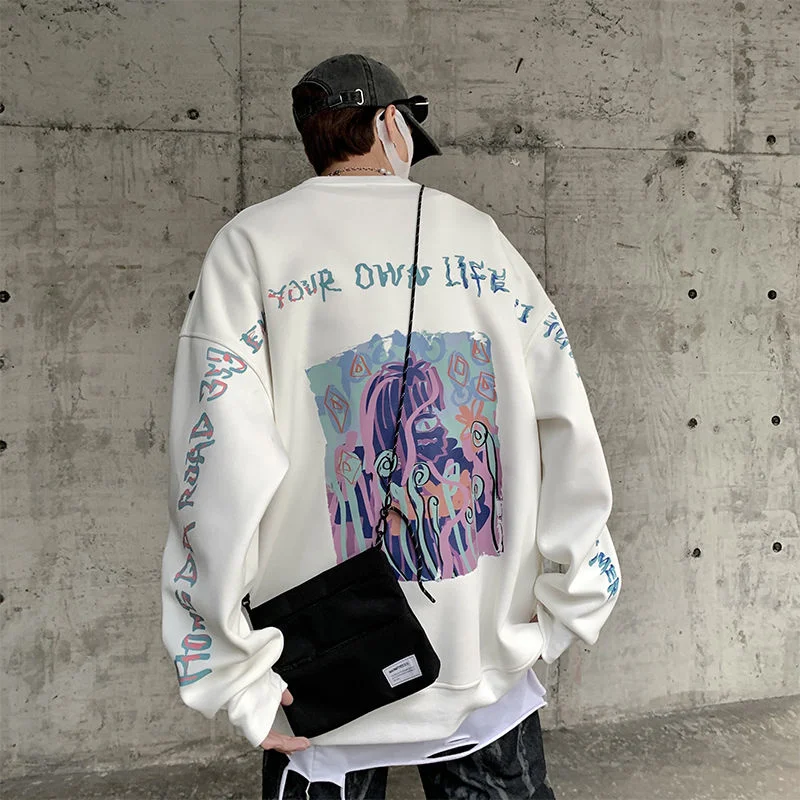 

Men's Cartoon Graffiti High Street Sweatshirt Oversize Male Letter Printed O Neck Hoodies Harajuku Unisex Pullovers