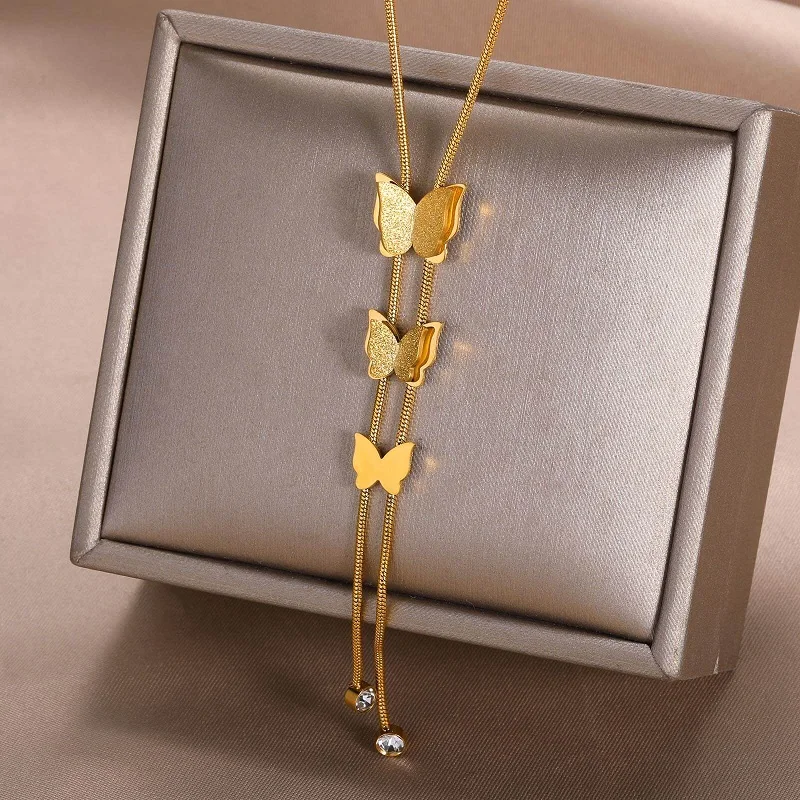 

Boho Fringe Butterfly Necklaces For Women Charm Stainless Steel Gold Color Animals Necklaces Pendant Choker Collier Girls Gifts