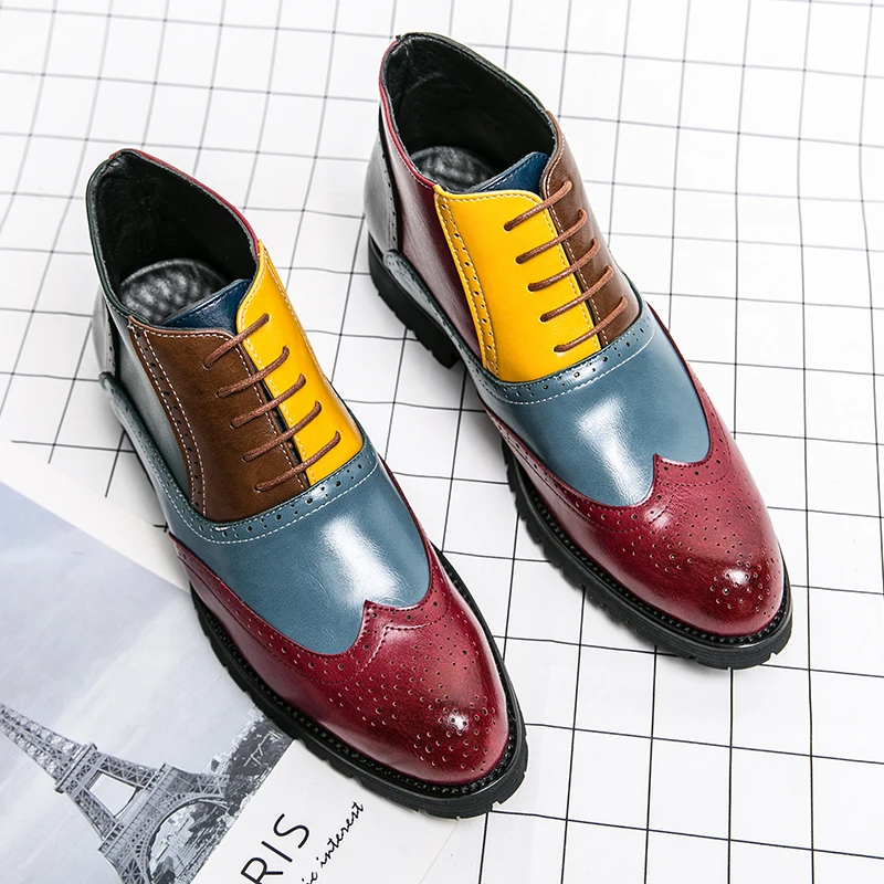 

British Ankle Boots Men Shoes Fashion Color-blocking PU Personality Brock Carving Lace Up Classic Casual Street Party CP360