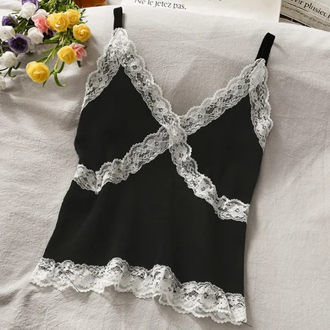 Women Summer 2022 Lace Fashion Tank Top Female Korean Style V Neck Sleeveless Sexy Blouse Cropped Knitwear