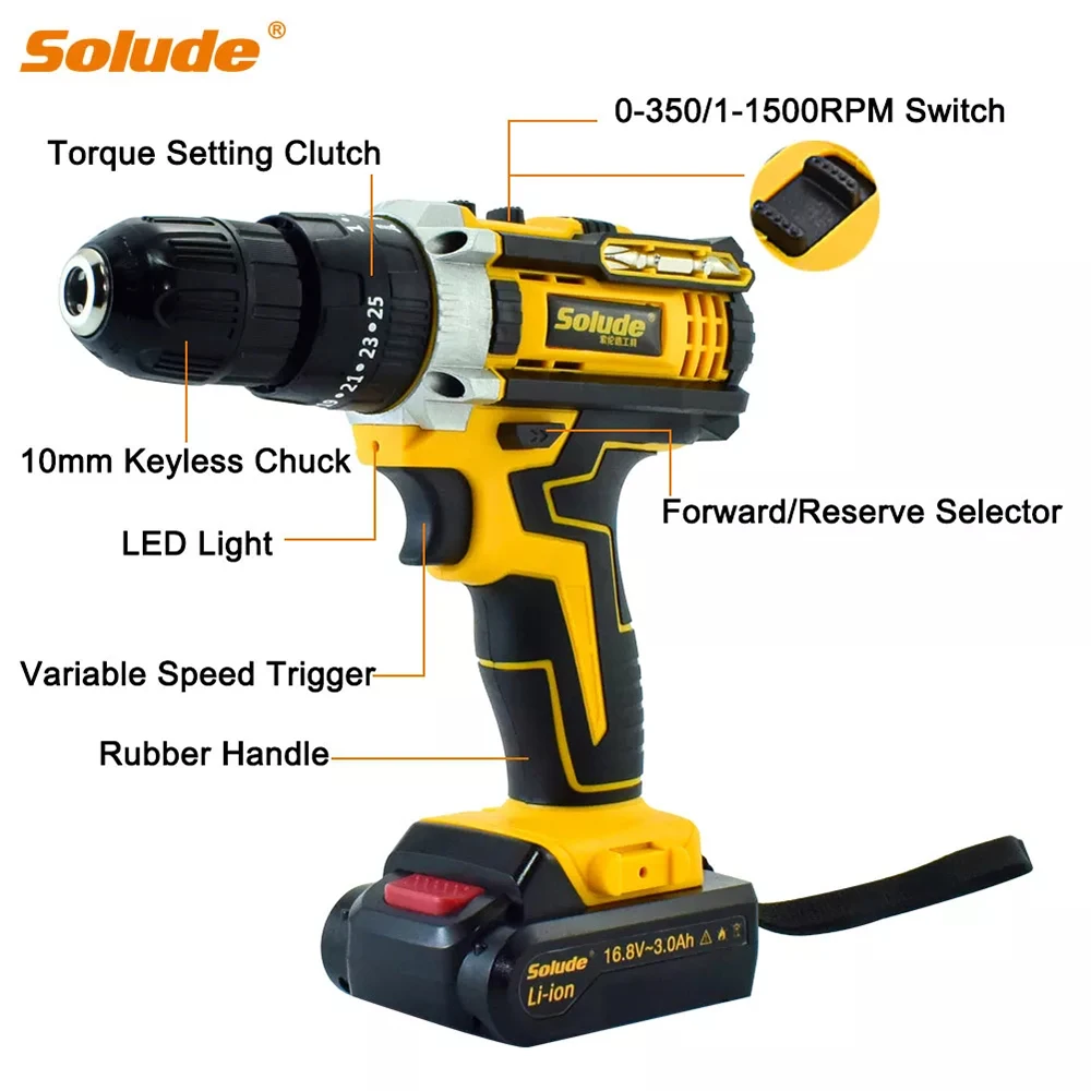 Solude 52 PCS Screwdriver Woodworking Tools Portable Powerful Impact Electric Drill With LED Light Rechargeable Lithium Battery