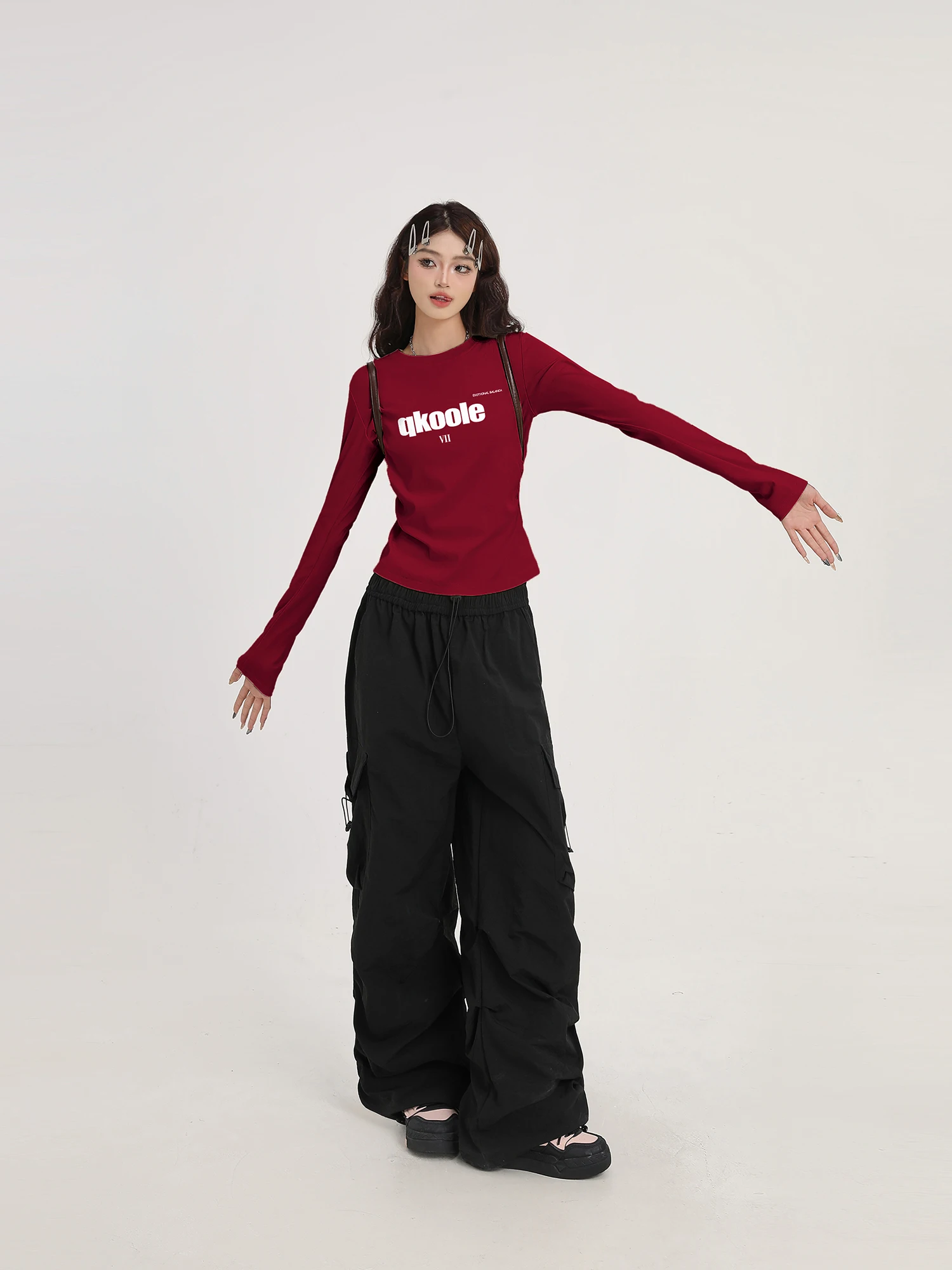 Wine Red Shoulder Long sleeves Shirt Women Spring 2025 New Popular Small Slim fit Slimming Bottoming Top