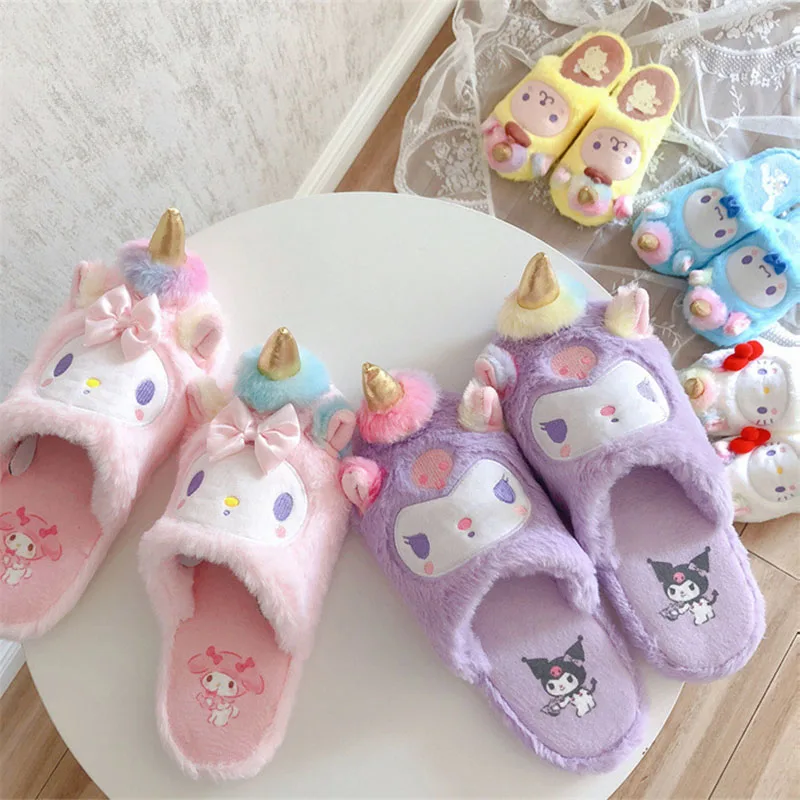 

Тапки для девочек Плюшевые Kawaii Sanrios, с изображением аниме Hello, кошечки, My Memo, Kuromi, зимние, для дома