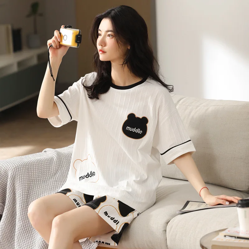 New Sleepwear Cartoon Cotton Pajamas for Women Short Pants Short Sleeved Summer Pajamas Set Fashion Home Clothing Homewear