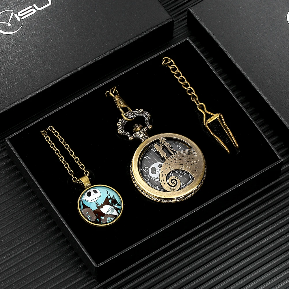 

Skull Pocket Watch Necklace Pendant Luxury Gift Set Box Hollow Analog Bronze Quartz Fob Watch Chain Clock Relógio De Bolso