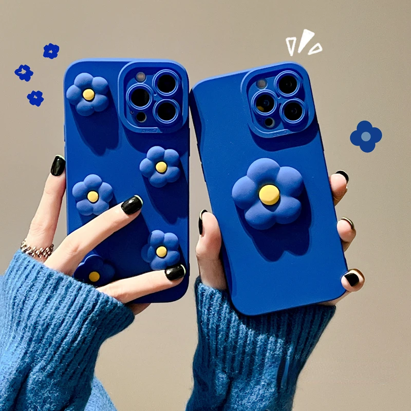 

INS Style Plain Creative Klein Blue Flower Phone Case For IPhone 14Pro Max 13Plus 12 11 X XR/XS Silicone Shockproof Cover