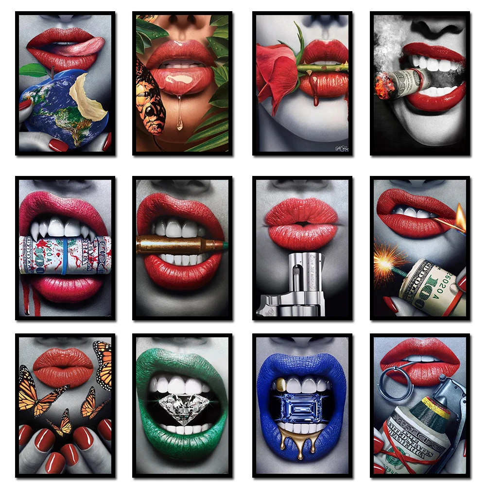 

Graffiti Golden Sexy Lips Posters Print on Canvas Wall Art Luxury Motivational Painting Decor for Office Bedroom Home Decoration
