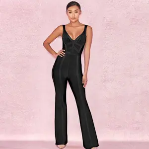 2022 Summer New Women Bandage Jumpsuits Romper V Neck Sexy Backless Black Khaki Red Strap Long Celeb in India