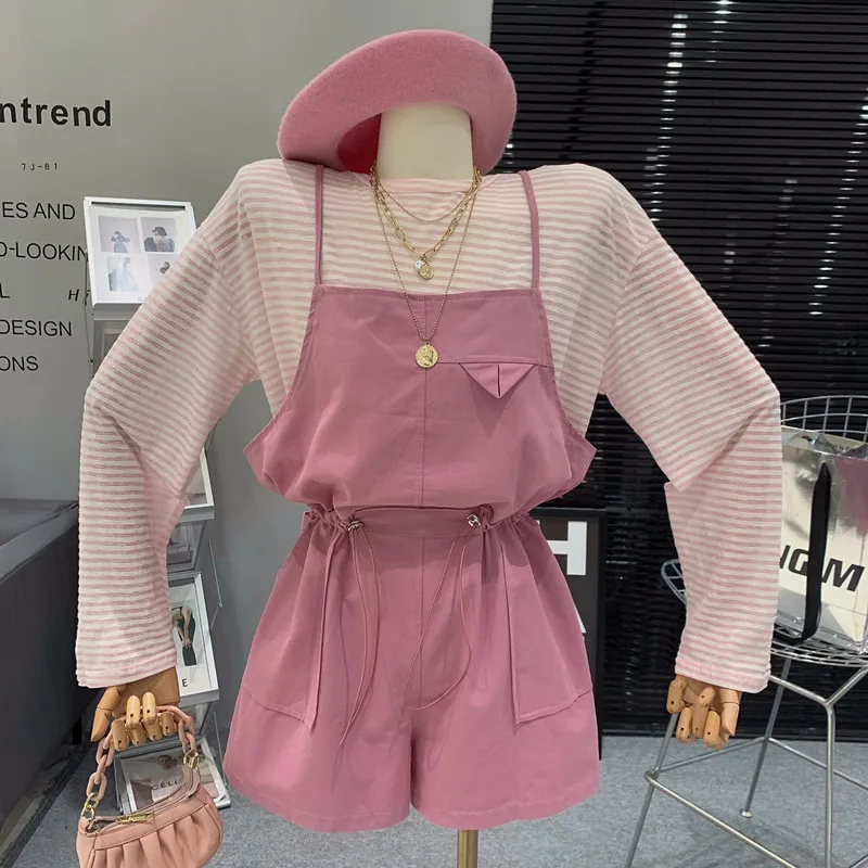 

Новинка лета 2023, футболка в полоску с длинным рукавом, топ, шорты на шнуровке, комбинезон, комплект из двух предметов