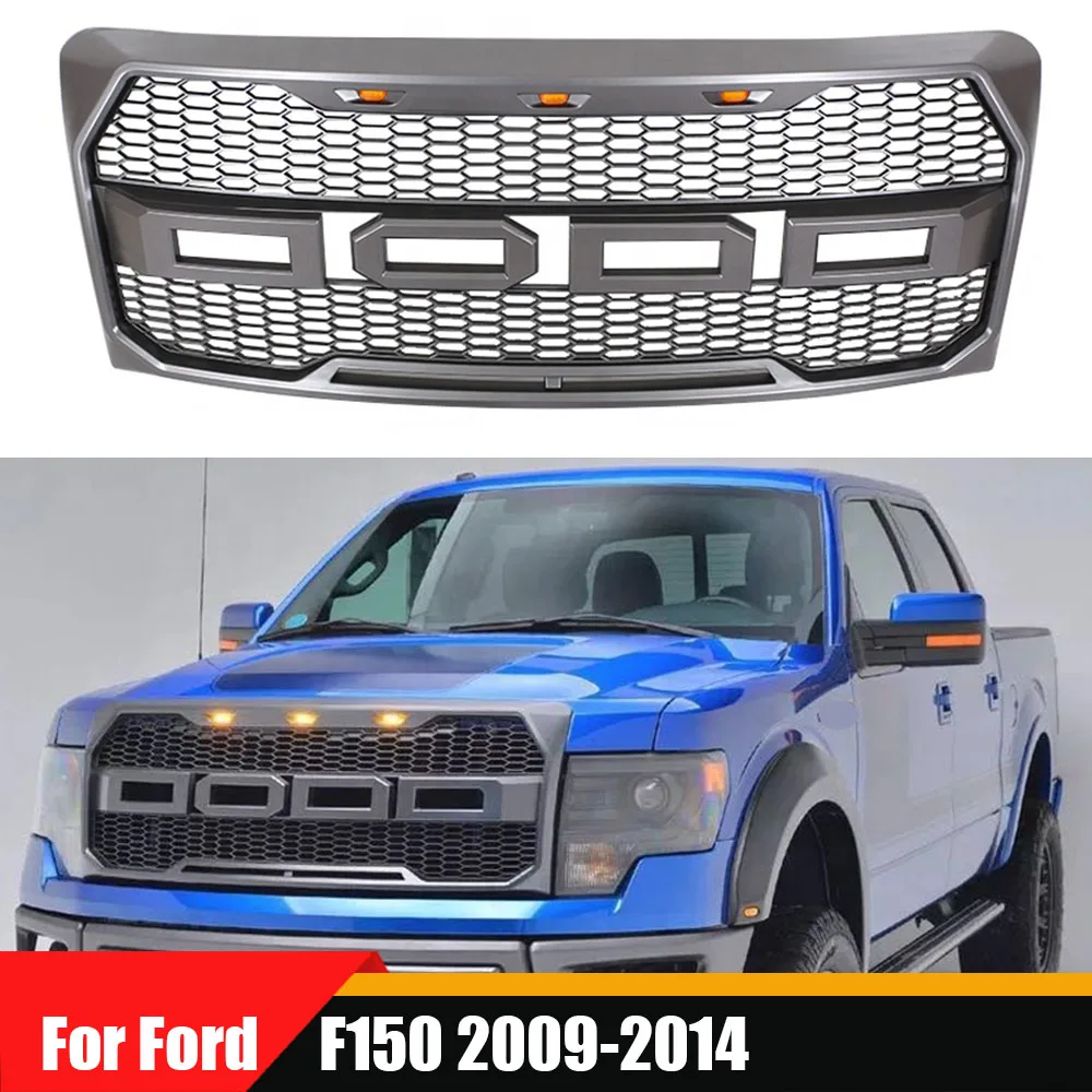 

For Ford F150 2009-2014 W/LED Light F-150 Front Bumper Raptor Grille Centre Panel Upper Grill 4X4 Offroad Modified Gray Grills