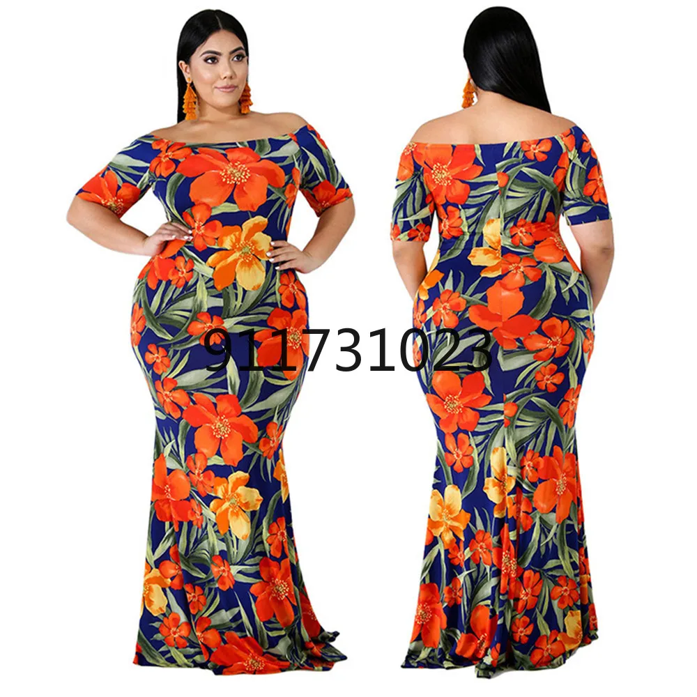 

Plus Size Women Fashion Dress Floral Printing Patchwork Shoulder Off Oversize Pullover Short Sleeve Western Style Ladies Dress
