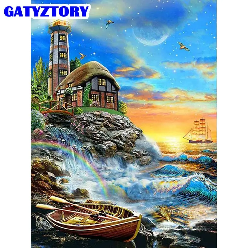 

GATYZTORY 5d Diamond Painting Full Drill Square Beach House Lighthouse View Diamond Embroidery Mosaic Landscape Decor For Home