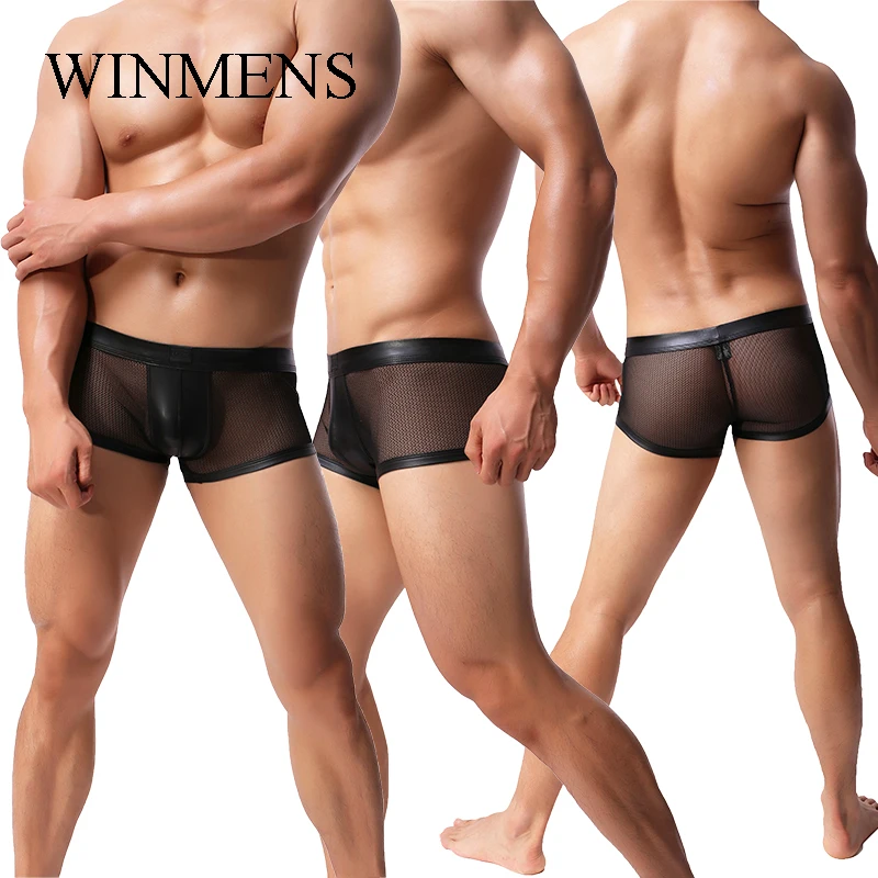 

Men's Panties Gay Sexy Mesh Sheer Boxer Shorts PU Leather Fishnet Breathable Sissy Funny Trunks Erotic Transparent Underwear