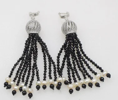 

one pair green /blue/black jade round faceted &white pearl tassel hook earrings