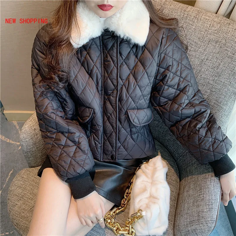 2021 Padded Plaid Argyle Parkas Women Winter Faux Fur Collar Loose Short Jackets Female Warm Oversize Coats Causal Streetwear