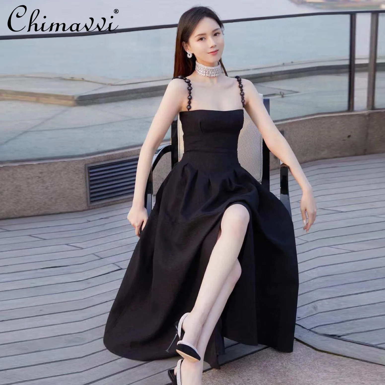 

2022 Spring New Fashion Black Ankle-Length Camisole Dress Women's Simple Slim fit High Waist A-line Dress for Ladies