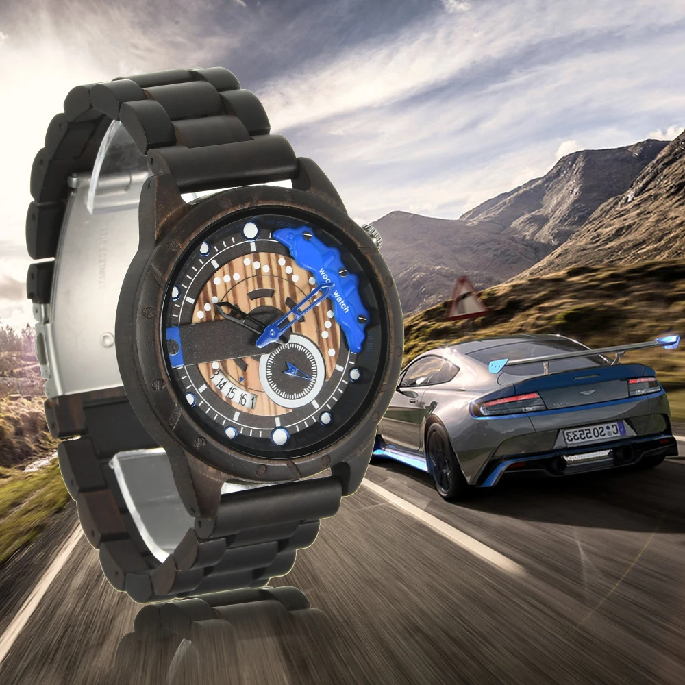 

Blue Brake Disc Wood Watch for Men Car Wheel Watch Luxury Quartz Business Clock Fashion Sports Mens Wooden Watches часы колесо