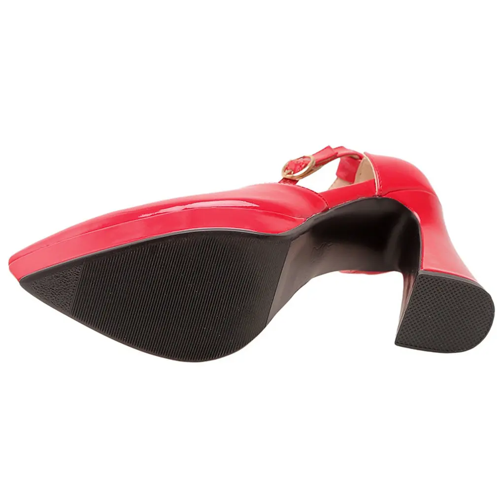 Eokkar 2022 Black Patent Leather Pointed Toe Ankle Strap Pumps Block High Heel Pumps White Dorsay High Heels Sexy Wedding Pumps