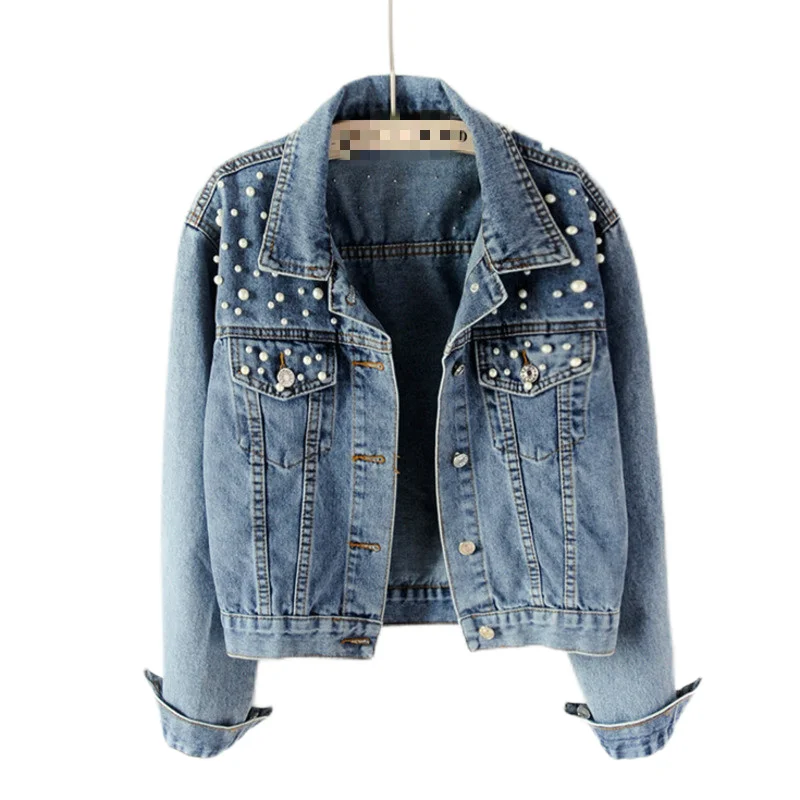 

2022 New Plus Size Pearl Beaded Short Denim Jacket 5xl Women Long Sleeve Retro Casual Denim Jacket Bomber Denim Jacket
