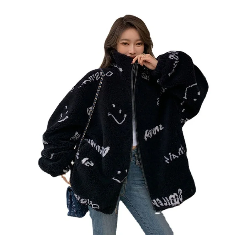 Oversized Faux Fur Woolen Warm Women Jacket Lamb Wool Winter Coat White Black 2021 Korean Chic Kawaii Parkas Stand Collar Coats