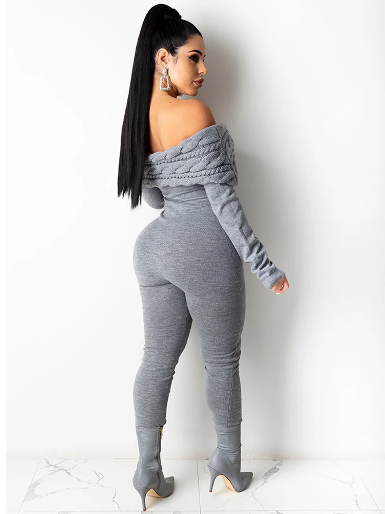 Womens Jumpsuit Vintage Off The Shoulder Long Sleeve Overalls Fall Winter Slash Neck One Piece Outfit Cable Knit Fitness Rompers